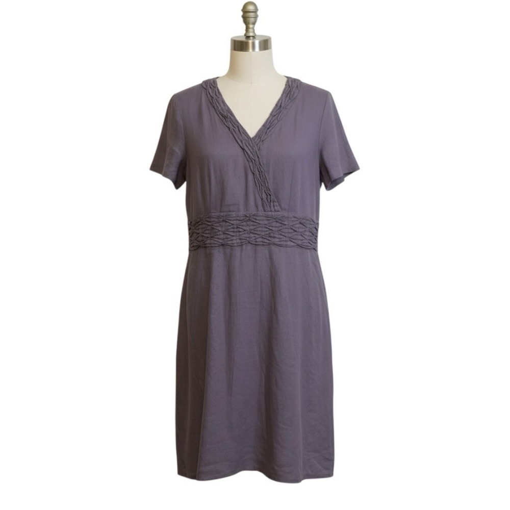 Orvis Linen Dress Women's 14 Purple Short Sleeve Midi Summer Casual Work V-Neck